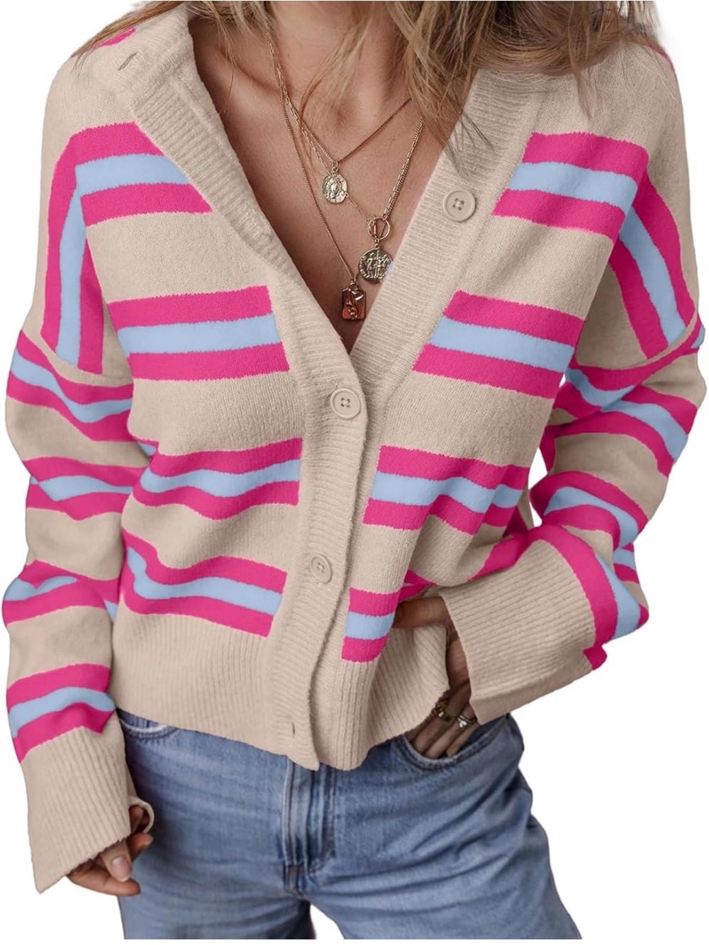 Evaless— Beige Stripe Button-Front Women's Sweater Cardigan